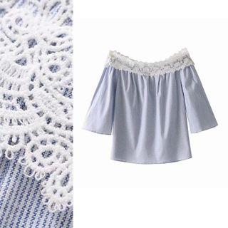 Elbow-sleeve Off-shoulder Striped Blouse