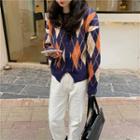 Long-sleeve Plaid Knit Cardigan Plaid - One Size