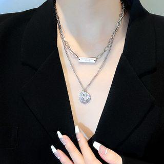 Coin & Bar Pendant Layered Stainless Steel Necklace X761 - Silver - One Size