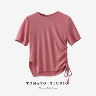 Round-neck Plain Drawstring Split Top