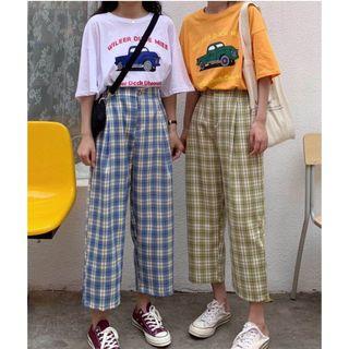 Elbow-sleeve Printed T-shirt / Plaid Cropped Wide-leg Pants