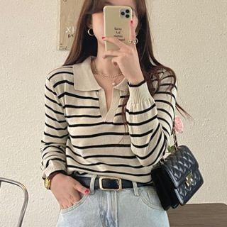 Polo Collar Color Block Knit Top