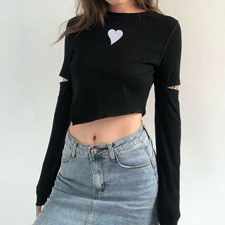 Long-sleeve Heart Embroidered Crop T-shirt