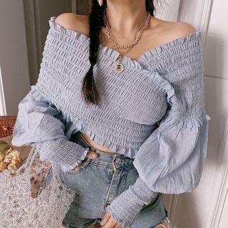 Crisscross Off-shoulder Lantern-sleeve Crinkle Blouse