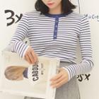 Long Sleeve Striped Henley Top Blue - One Size