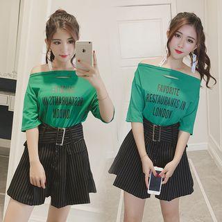 Set: Lettering Elbow-sleeve T-shirt + Striped Wide-leg Shorts