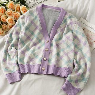 Pearl-button Argyle Knit Cardigan