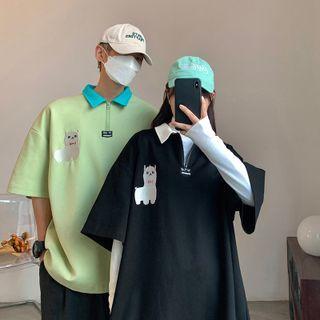 Couple Matching Short-sleeve Cartoon Embroidered Polo Shirt
