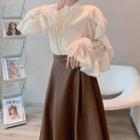 Puff-sleeve Blouse / Faux Leather A-line Skirt / Set