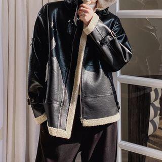 Fleece Trim Faux Leather Zip-up Jacket