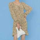 Floral Long-sleeve Shirred-front A-line Dress