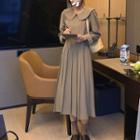 Long-sleeve Collared Plain Pleated Dress