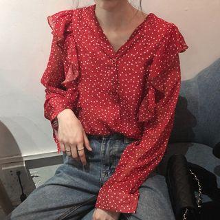 Dotted Ruffle Trim Chiffon Blouse Maroon - One Size