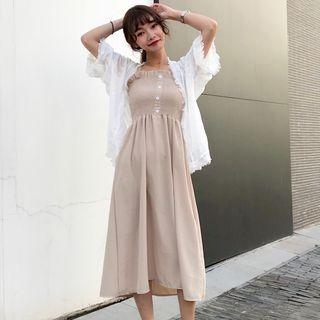 Fringed Light Jacket / Spaghetti Strap Midi Dress