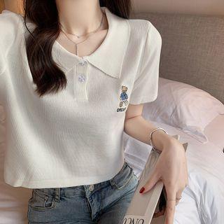 Short-sleeve Bear Embroidered Polo Knit Top