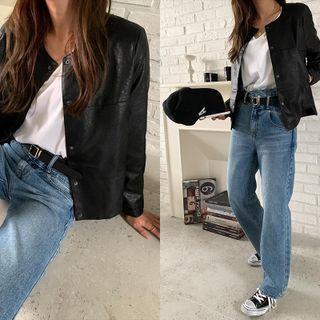 Button-up Faux Leather Jacket Black - One Size