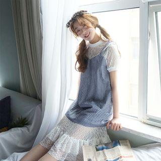 Mock Two-piece Check Short-sleeve Lace Dress