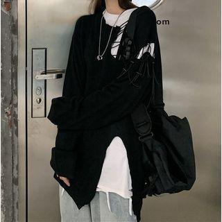 Distressed Long-sleeve T-shirt / Slit Knit Top