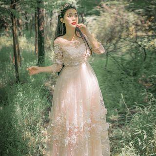 3/4 Sleeve Floral Embroidered Maxi Dress