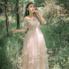3/4 Sleeve Floral Embroidered Maxi Dress
