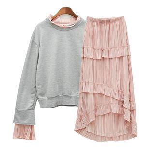 Set: Pleated Panel Sweatshirt + Tiered Midi Skirt