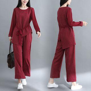 Set: Long-sleeve Striped Top + Straight-fit Pants