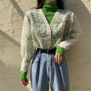 Lantern-sleeve Lace Top / Long-sleeve Turtleneck Top