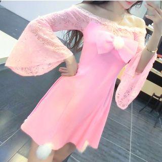 Off-shoulder Bell-sleeve Lace Panel Mini A-line Dress