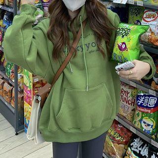 Long-sleeve Lettering Hoodie Green - One Size