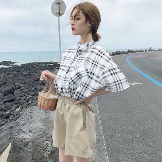 Elbow-sleeve Plaid Shirt / Elastic Waist Shorts