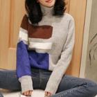 Mock-turtleneck Color-block Loose-fit Knitted Sweater