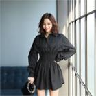 Gathered-waist Shirred Mini Shirtdress