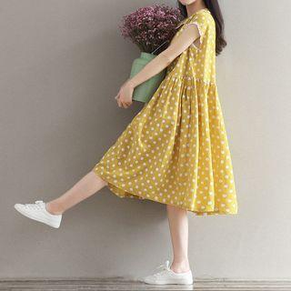 Dotted Short Sleeve Midi Collared Dress