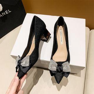 Rhinestone Bow Block-heel Pumps