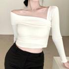 Long-sleeve Asymmetrical Knit Crop Top White - One Size
