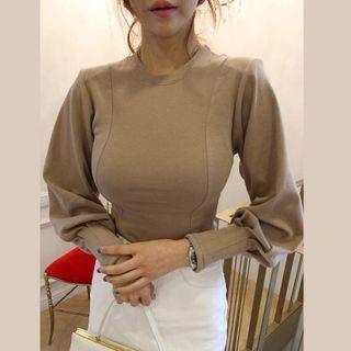 Long Sleeve Round Neck Plain Top Coffee - One Size