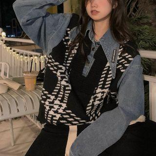 Plaid Panel Denim Jacket Black & Blue - One Size
