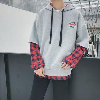Mock Two-piece Loose-fit Gingham Hooded Sweatshirt