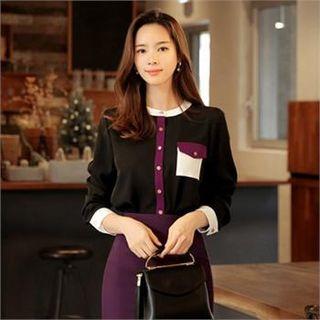 Tall Size Mandarin-collar Color-block Blouse