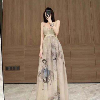 Spaghetti-strap Print Cutout Midi A-line Dress