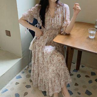 Puff-sleeve Floral Print Midi A-line Dress White - One Size