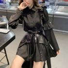 Set: Long-sleeve Ruffle Trim Shirt Dress + Faux Leather Belt