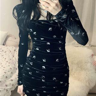 Long-sleeve Print Velvet Mini Dress