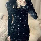 Long-sleeve Print Velvet Mini Dress