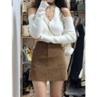 Long-sleeve Cold Shoulder Knit Top / Mini Pencil Skirt