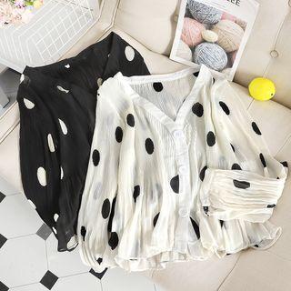 V-neck Lantern-sleeve Chiffon Dot Shirt