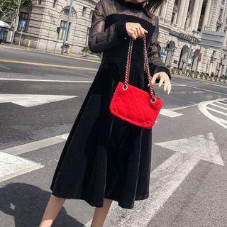 Sheer Panel Long-sleeve Velvet Midi A-line Dress