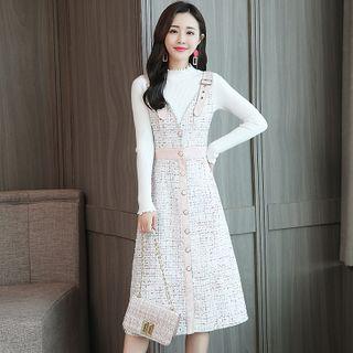 Long-sleeve Top / Tweed Pinafore Midi Dress / Set