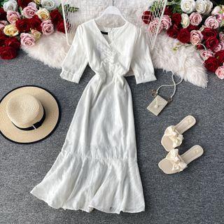 V-neck Elbow-sleeve Slim-cut Dress