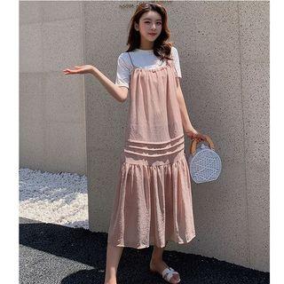 Short-sleeve T-shirt / Spaghetti Strap Midi Plain Dress